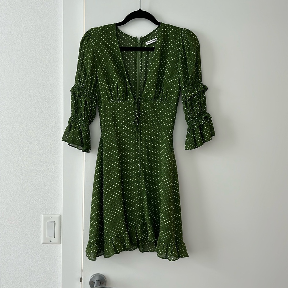 Reformation dress green with white polka dots